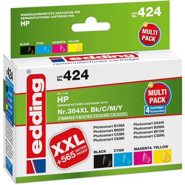 Tintendruckerpatrone edding ersetzt Hewlett Packard 424-EDD - 4-farbig Nr. 364XL ca. 3.365 Seiten 1 x 19 ml + 3 x 12 ml