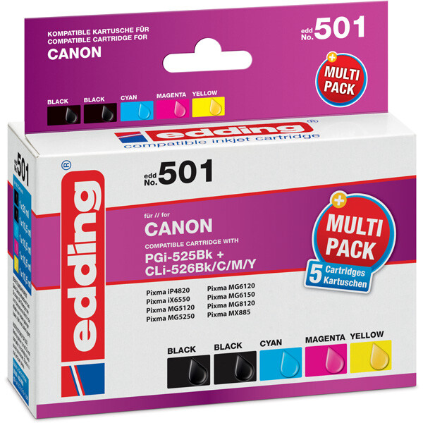 Tintendruckerpatrone edding ersetzt Canon 501-EDD - 4-farbig PGI-525BK + CLI-526BK/CLI-526C/CLI-526M/CLI-526Y ca. 2.420 Seiten 1 x 20 ml + 4 x 10,5 ml