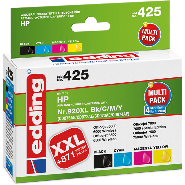 Tintendruckerpatrone edding ersetzt Hewlett Packard 425-EDD - 4-farbig Nr. 920XL ca. 4.615 Seiten 1 x 48 ml + 3 x 12 ml