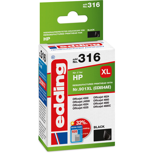 Tintendruckerpatrone edding ersetzt Hewlett Packard 316-EDD - schwarz Nr. 901XL (CC654AE) ca. 935 Seiten 21 ml