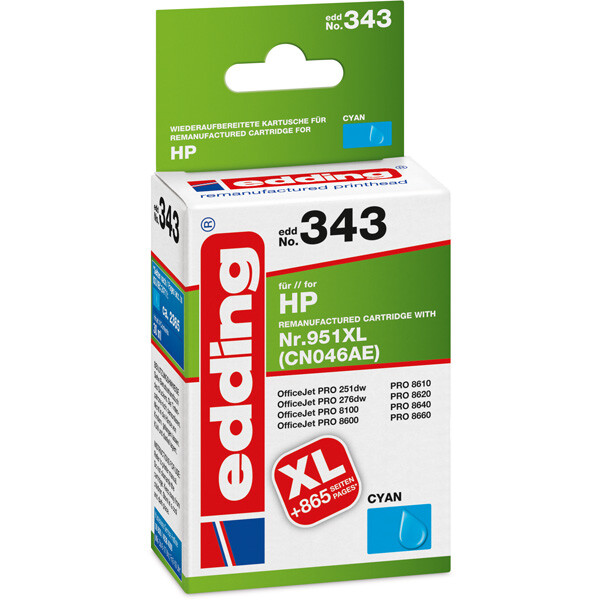 Tintendruckerpatrone edding ersetzt Hewlett Packard 343-EDD - cyan Nr. 951XL (CN046AE) ca. 2.295 Seiten 30 ml