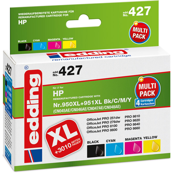 Tintendruckerpatrone edding ersetzt Hewlett Packard 427-EDD - 4-farbig Nr. 950XL/951XL(CN045-048) ca. 9.775 Seiten 1 x 75 ml + 3 x 30 ml