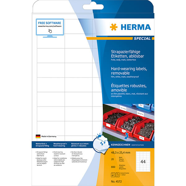 Folienetikett Herma 4572 - A4 48,3 x 25,4 mm weiß ablösbar matt wetterfest Polyesterfolie für Laser, Kopierer, Farblaserdrucker Pckg/880