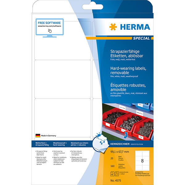 Folienetikett Herma 4575 - A4 99,1 x 67,7 mm weiß ablösbar matt wetterfest Polyesterfolie für Laser, Kopierer, Farblaserdrucker Pckg/160