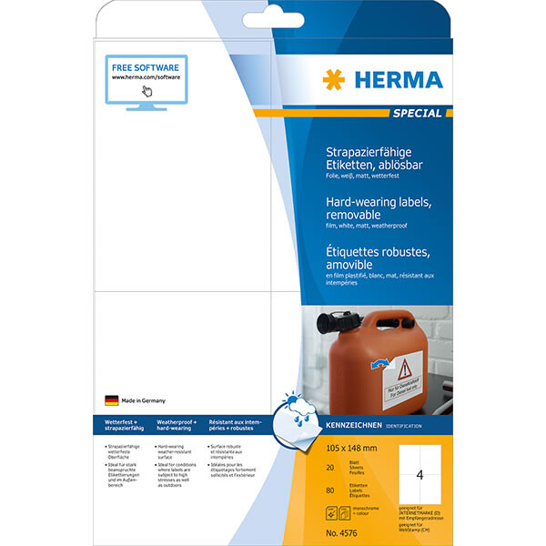 Folienetikett Herma 4576 - A4 105 x 148 mm weiß ablösbar matt wetterfest Polyesterfolie für Laser, Kopierer, Farblaserdrucker Pckg/80