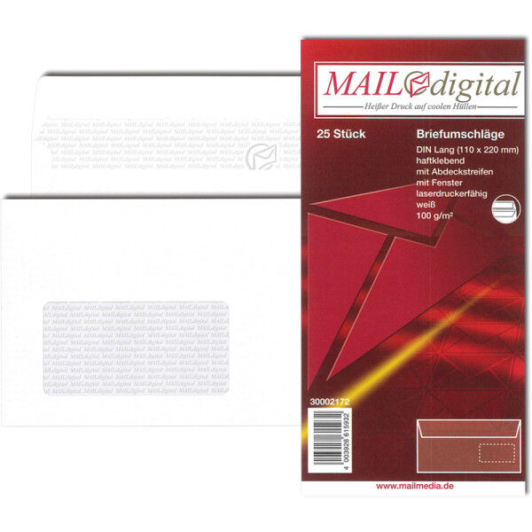 Briefumschlag Mayer Kuvert MAILdigital 30002172 - DIN Lang 110 x 220 mm haftklebend mit Fenster weiß 100 g/m² Pckg/25