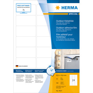 Folienetikett Herma 9537 - A4 63,5 x 33,9 mm weiß permanent matt wetterfest Polyesterfolie für Laser, Kopierer, Farblaserdrucker Pckg/960
