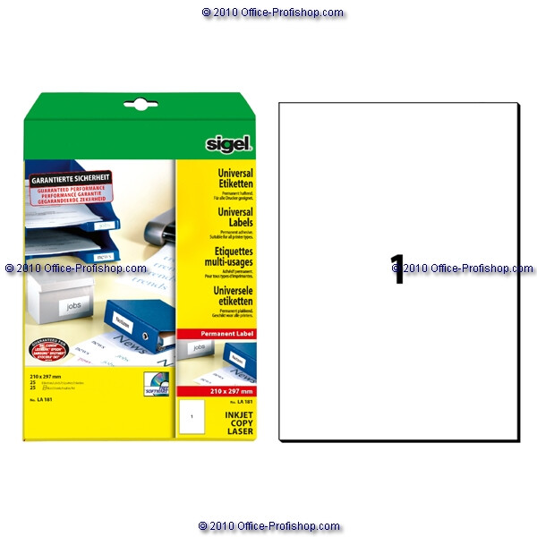 Universaletikett sigel LA181 - A4 210 x 297 mm weiß permanent FSC Papier für Inkjet, Laserdrucker, Kopierer Pckg/25