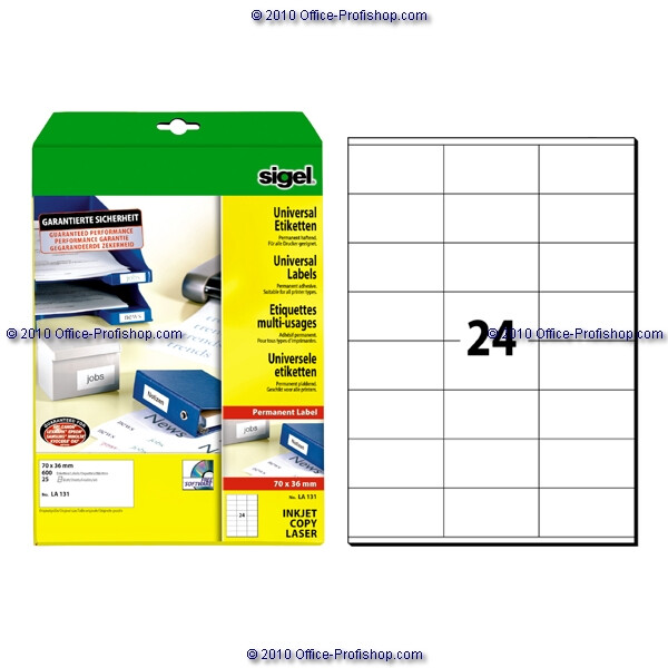 Universaletikett sigel LA131 - A4 70 x 36 mm weiß permanent FSC Papier für Inkjet, Laserdrucker, Kopierer Pckg/600