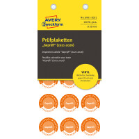 Prüfplaketten Avery Zweckform 6951 - auf Bogen 2021-2026 Ø 20 mm orange permanent wetterfest/widerstandsfähig Vinylfolie für Handbeschriftung Pckg/120