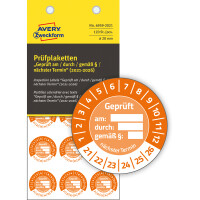 Prüfplaketten Avery Zweckform 6959 - auf Bogen 2021-2026 Ø 20 mm orange permanent wetterfest/widerstandsfähig Vinylfolie für Handbeschriftung Pckg/120