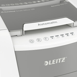 Aktenvernichter Leitz IQ Autofeed Small Office 100 8011 - Partikelschnitt 4,0 x 30,0 mm S-Stufe P4 100 Blatt