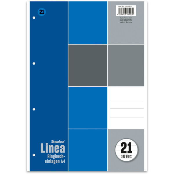 Ringbucheinlage Staufen Linea 734033421 - A4 21 x 29,7 cm Lineatur21 mit Schreiblinie liniert 4-fach Lochung Qualitätspapier 70 g/m² 100 Blatt