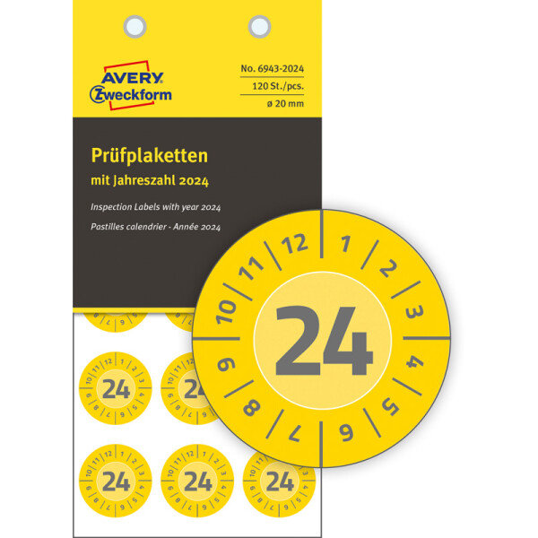 Prüfplaketten Avery Zweckform 6943 - auf Bogen 2024 Ø 20 mm gelb permanent wetterfest/widerstandsfähig Vinylfolie für Handbeschriftung Pckg/120