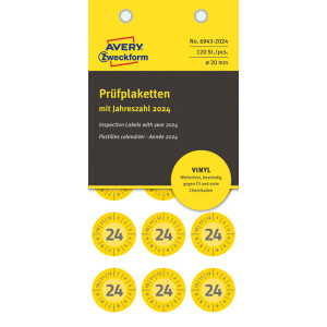 Prüfplaketten Avery Zweckform mit Jahreszahl 2024 6943 - auf Bogen 2024 Ø 20 mm gelb permanent wetterfest/widerstandsfähig Vinylfolie für Handbeschriftung Pckg/120