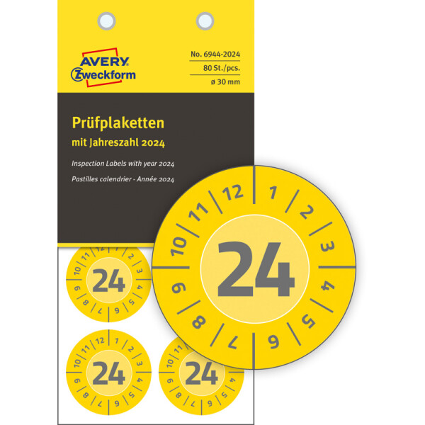 Prüfplaketten Avery Zweckform mit Jahreszahl 2024 6944 - auf Bogen 2024 Ø 30 mm gelb permanent wetterfest/widerstandsfähig Vinylfolie für Handbeschriftung Pckg/80