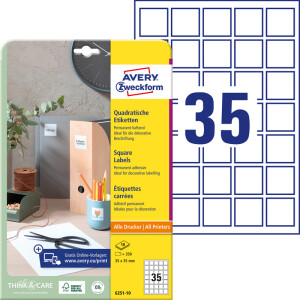 Universaletikett Avery Zweckform 6251 - A4 35 x 35 mm weiß permanent FSC Papier für alle Druckertypen Pckg/350