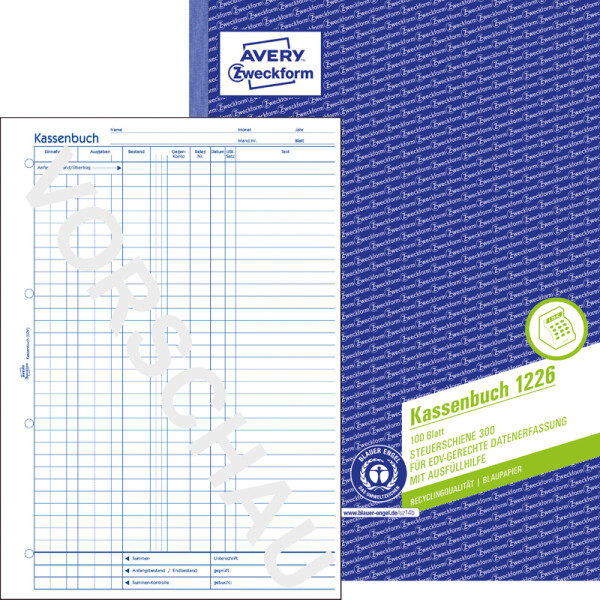 Kassenbuch Avery Zweckform Recycling 1226 - A4 210 x 297 mm weiß 100 Blatt mit Blaupapier