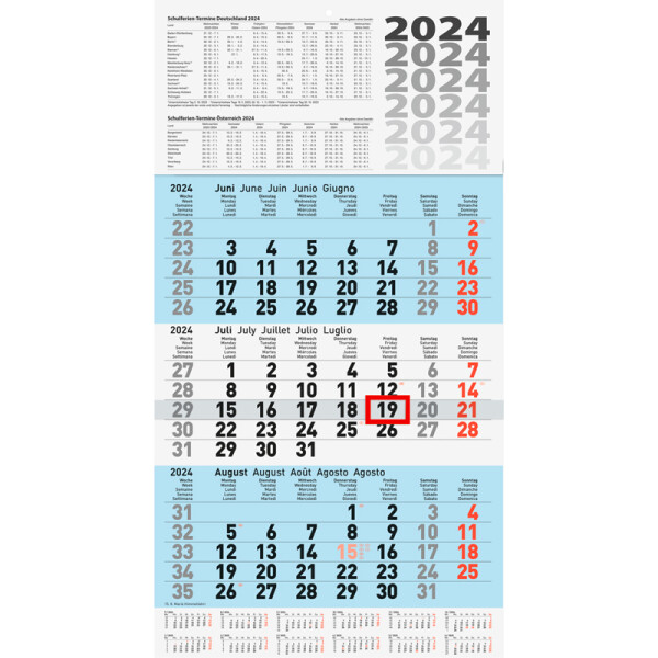 Dreimonatswandkalender Brunnen 70210314 - 30 x 58 cm blau Jahr 2024 1 Seite/3 Monate Modell 702