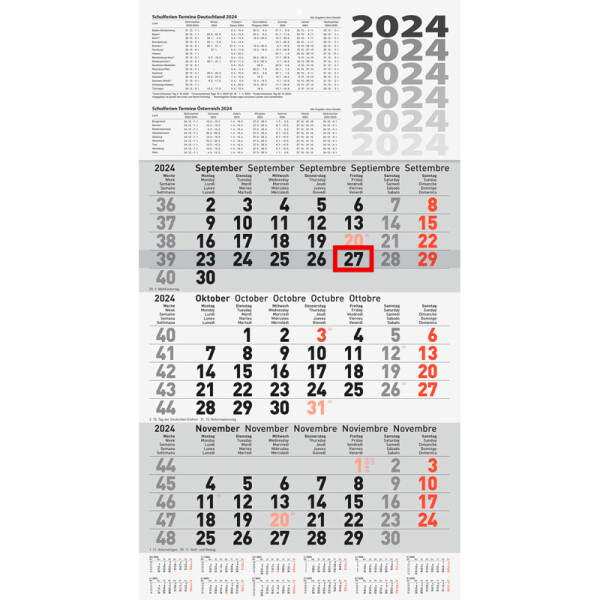 Dreimonatswandkalender Brunnen 70210804 - 30 x 58 cm grau Jahr 2024 1 Seite/3 Monate Modell 702