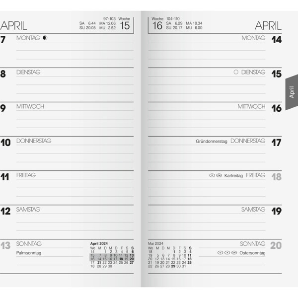 Wochensichtkalender Ersatzkalendarium Brunnen 75800004 - 8,7 x 15,3 cm weiß Jahr 2024 1 Seite/1 Woche 80 Seiten Modell 758 Karton-Umschlag