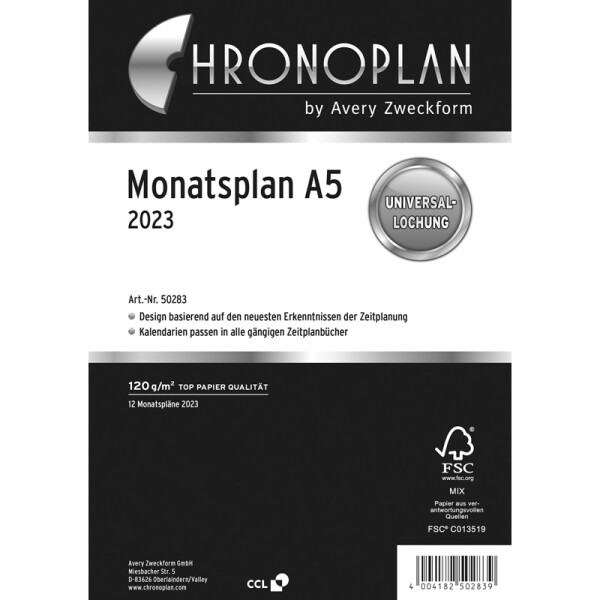 Timer Monatskalendarium Chronoplan 50283 - A5 21 x 14,8 cm wei&szlig; Jahr 2023 1 Seite/1 Monat Papier 120 g/m&sup2;