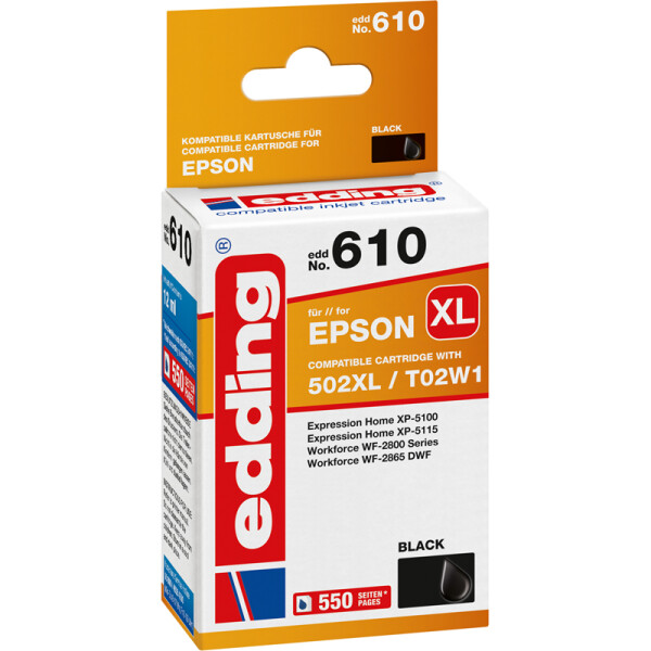 Tintendruckerpatrone edding ersetzt Epson 610-EDD - schwarz 502XL (T02W1) ca. 550 Seiten 13,2 ml