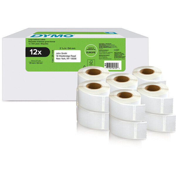 Etikettendrucker Rollenetikett Dymo 2177563 - auf Rolle Rücksende-Etikett 25 x 54 mm weiß permanent Thermopapier für Thermodrucker Karton/12x500