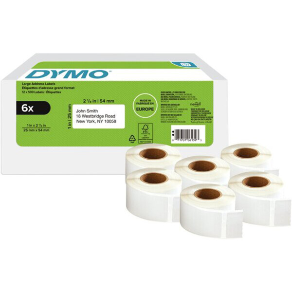 Etikettendrucker Rollenetikett Dymo 2177564 - auf Rolle Rücksende-Etikett 25 x 54 mm weiß permanent Thermopapier für Thermodrucker Karton/6x500