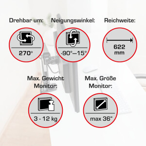 Monitorarm Vantage Premium 028-0003 - Tragarm 622 mm schwarz 	3 in 1 Zwinge, Bohrschraubbefestigung, Kabellochbefestigung Befestigungsstandard 75/100 bis 12 kg
