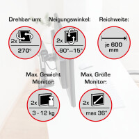 Monitorarm Vantage Premium Duo 028-0004 - Tragarm 600 mm schwarz 	3 in 1 Zwinge, Bohrschraubbefestigung, Kabellochbefestigung Befestigungsstandard 75/100 bis 12 kg